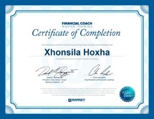 Xhonsila Hoxha Personal Finance Coach Certificate